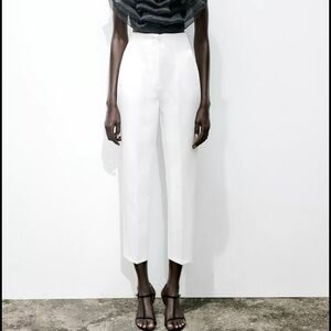 Zara White High Waist Cropped Ankle Pants